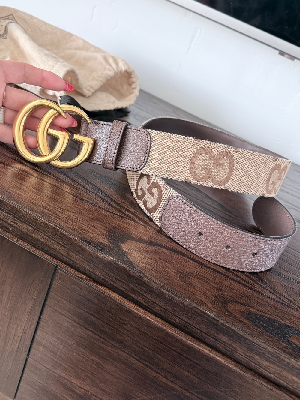 Gucci Beige Monogram Canvas Belt with Gold Double G Buckle brand new. Worn once